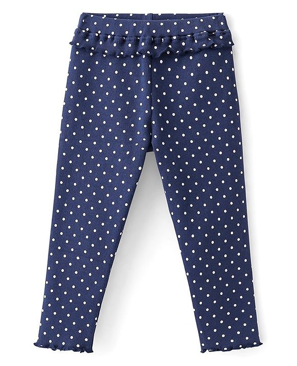 Babyhug Cotton Lycra Full Length Leggings With Polka Dot Print & Frill Detailing - Navy Blue