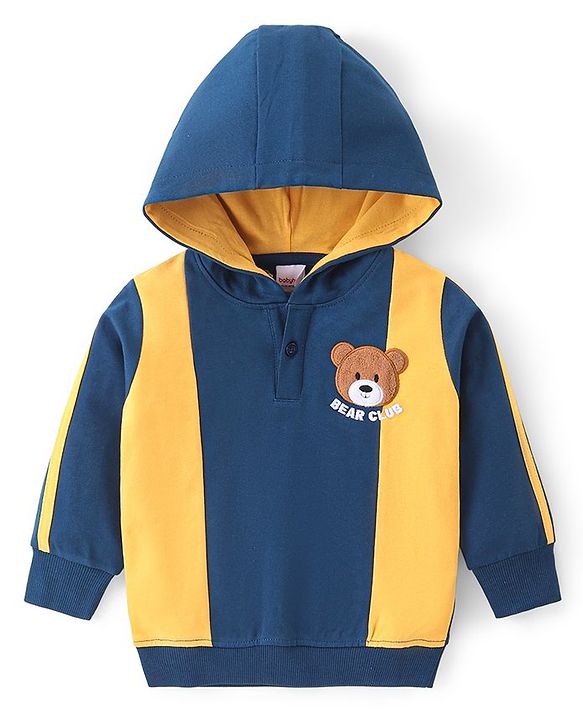 Babyhug Cotton Knit Full Sleeves Hooded Sweatshirt with Cut & Sew Design & Front Back Bear Embroidery - Blue