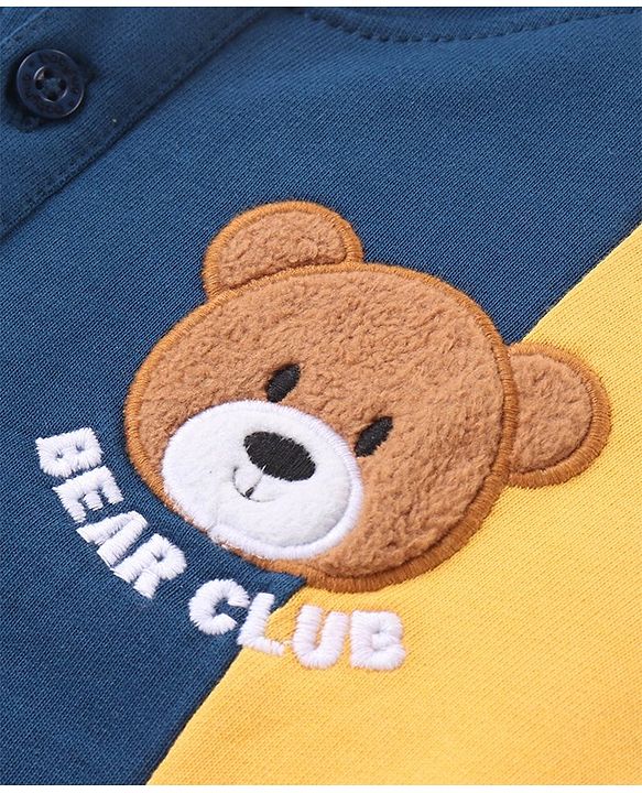 Babyhug Cotton Knit Full Sleeves Hooded Sweatshirt with Cut & Sew Design & Front Back Bear Embroidery - Blue