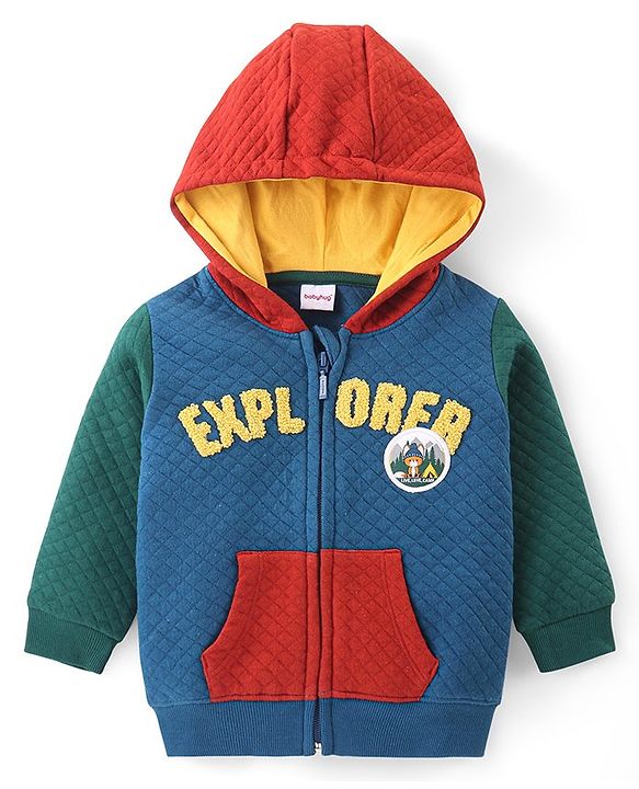 Babyhug Cotton Knit Full Sleeves Front Open Hooded Sweatjacket with Quilted Design &  Animal Patch Detailing - Multicolour