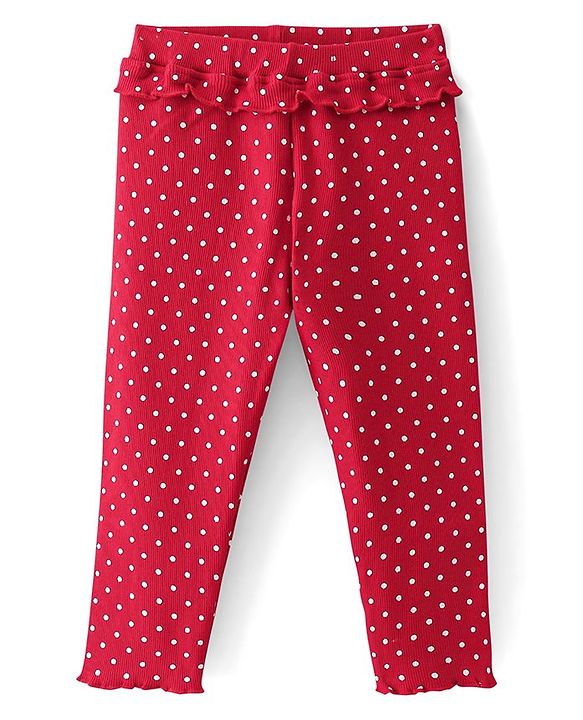 Babyhug Cotton Lycra Full Length Leggings With Polka Dot Print & Frill Detailing - Pink