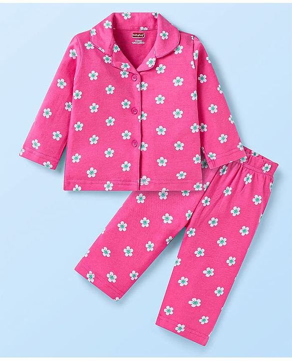 Babyhug Cotton Knit  Full Sleeves Floral Printed Night Suit - Dark Pink