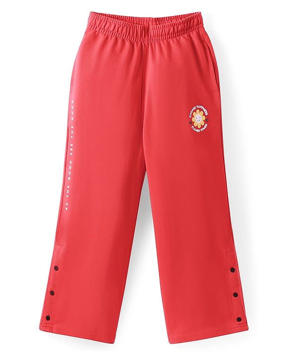 Pine Kids Knit Full Length Lounge Pant With Floral & Text Print - Red