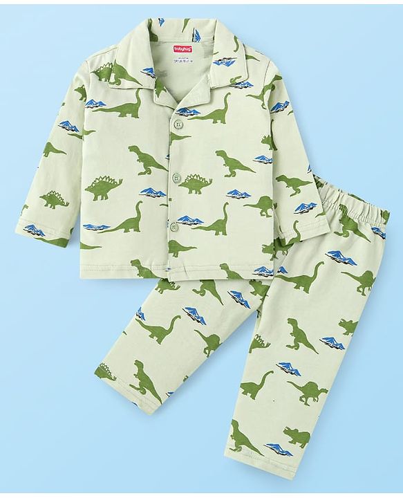 Babyhug Cotton Knit Full Sleeves Dino Printed Night Suit - Light Green