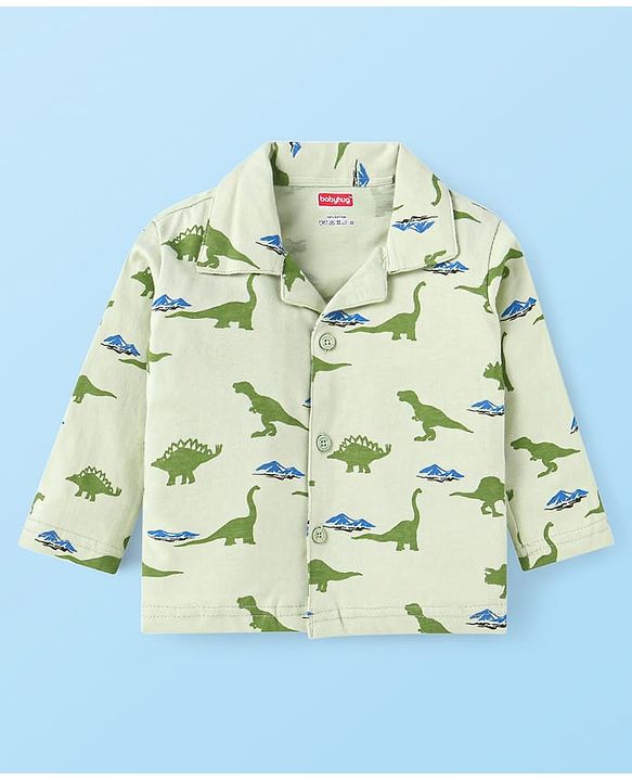 Babyhug Cotton Knit Full Sleeves Dino Printed Night Suit - Light Green
