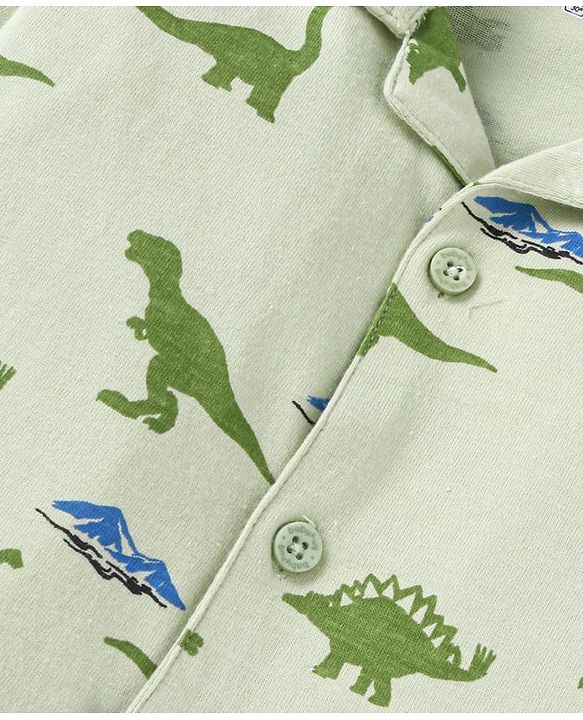 Babyhug Cotton Knit Full Sleeves Dino Printed Night Suit - Light Green