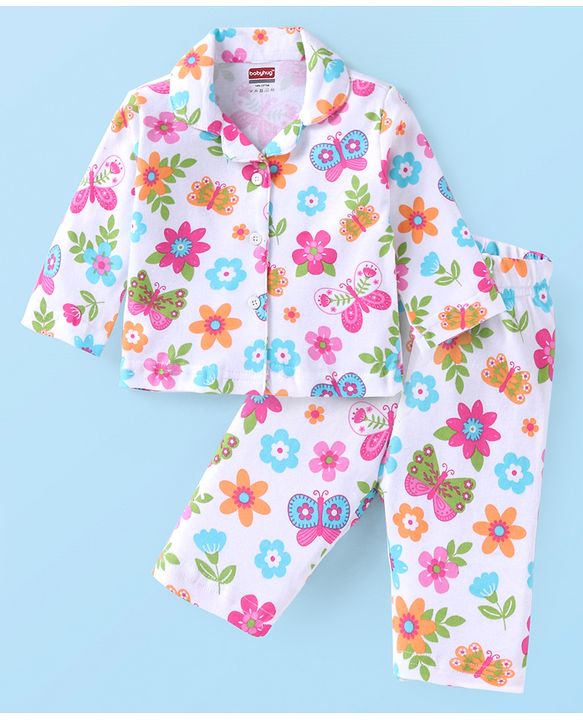 Babyhug 100% Interlock Cotton Knit Full Sleeves Rompers With Strawberries & Floral Print Pack of 2 - Yellow & Blue
