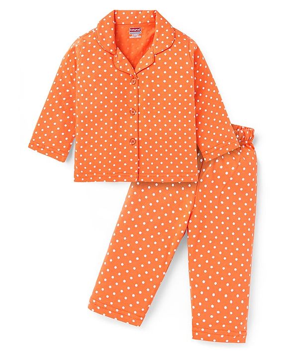 Babyhug Cotton Knit Full Sleeves Night Suit with Polka Dots Print - Orange