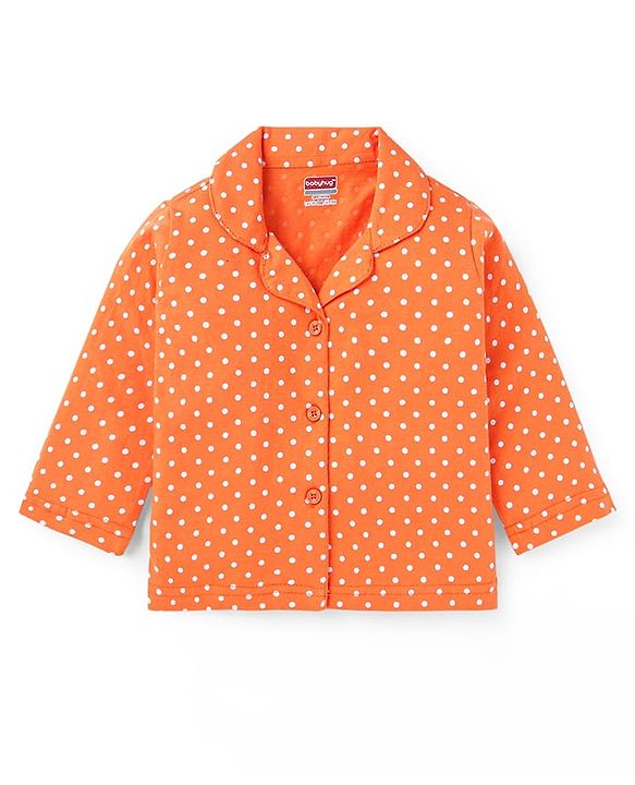 Babyhug Cotton Knit Full Sleeves Night Suit with Polka Dots Print - Orange