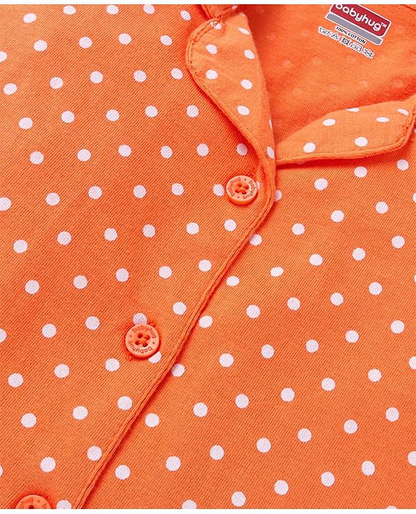 Babyhug Cotton Knit Full Sleeves Night Suit with Polka Dots Print - Orange