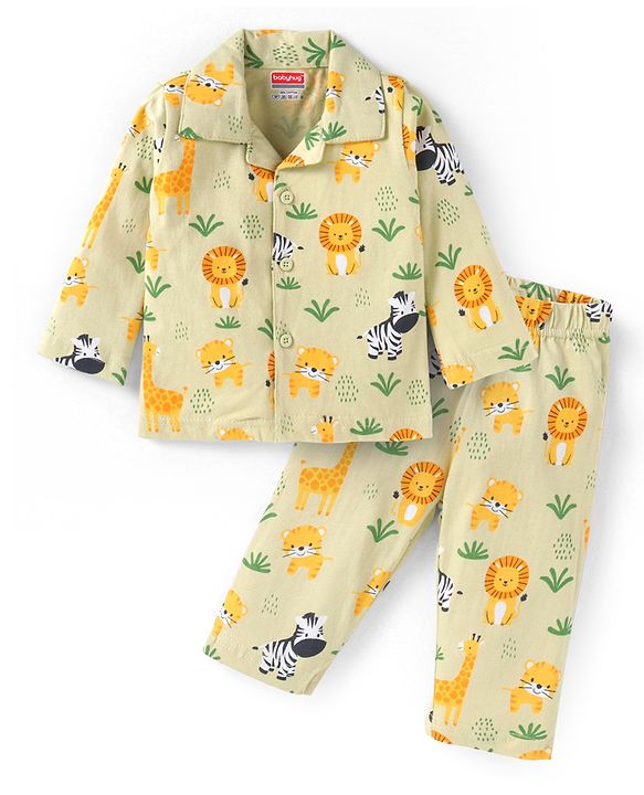 Babyhug Cotton Knit Full Sleeves Collar Neck Night Suit with Animals Print - Light Green