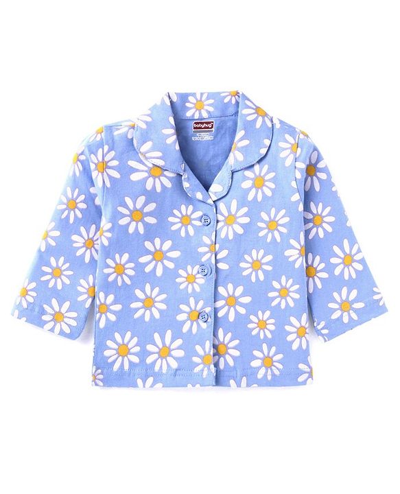 Babyhug Cotton Woven Full Sleeves Front Open Night Suit With Floral Print - Sky Blue