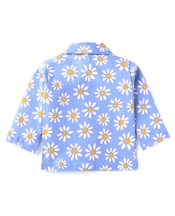 Babyhug Cotton Woven Full Sleeves Front Open Night Suit With Floral Print - Sky Blue