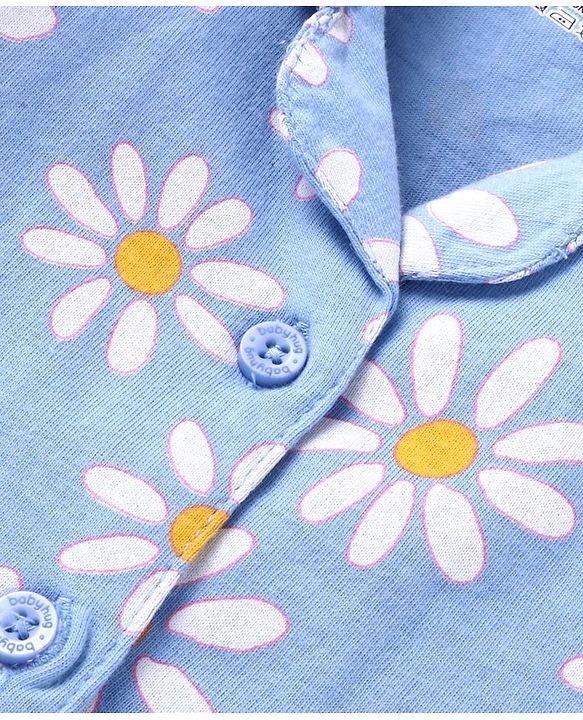 Babyhug Cotton Woven Full Sleeves Front Open Night Suit With Floral Print - Sky Blue
