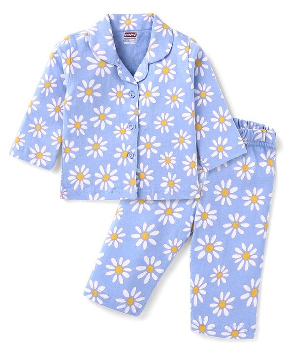 Babyhug Cotton Woven Full Sleeves Front Open Night Suit With Floral Print - Sky Blue