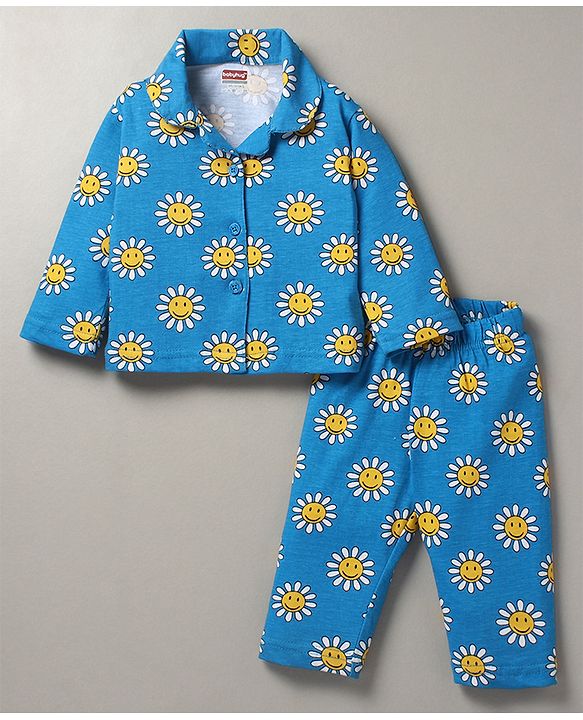 Babyhug Cotton Woven Full Sleeves Night Suit Dino Print - Blue