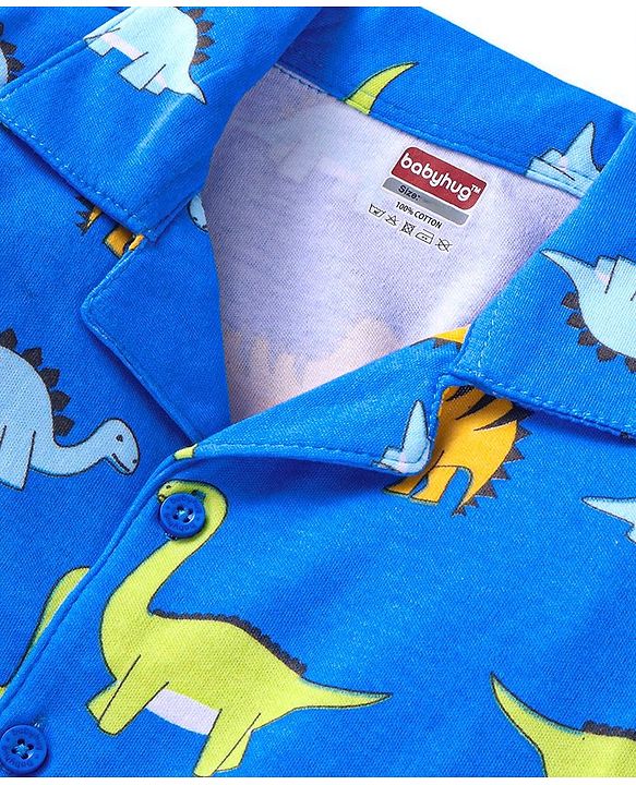 Babyhug Cotton Woven Full Sleeves Night Suit Dino Print - Blue