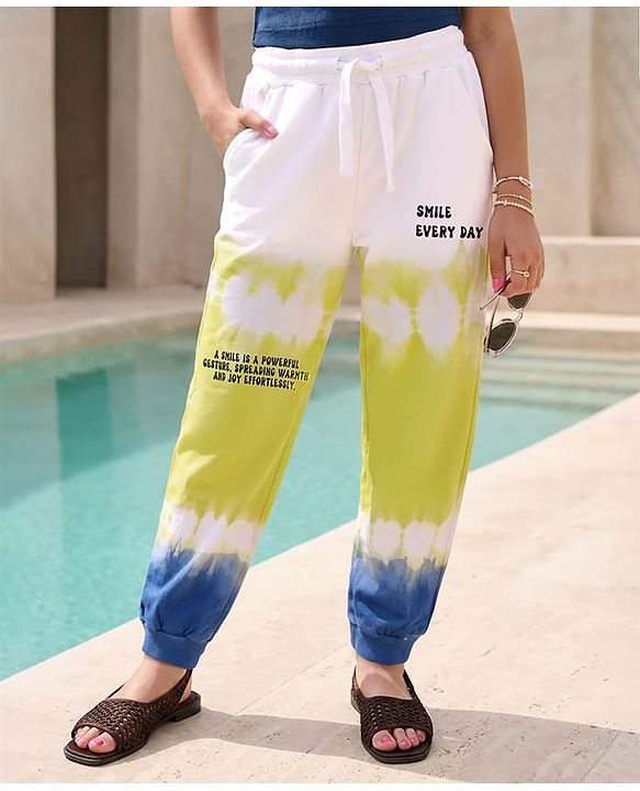 Pine Kids Cotton Knit Full Length Lounge Pant with Text Print & Ombre Effect - White