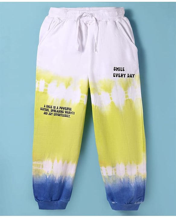 Pine Kids Cotton Knit Full Length Lounge Pant with Text Print & Ombre Effect - White