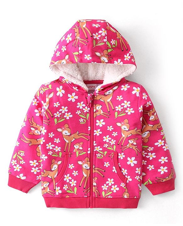 Babyhug Cotton Knit Full Sleeves Front Open Hooded Sweatjacket with Deer Print & Kangaroo Pockets - Pink
