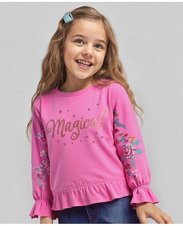 Babyhug Cotton Knit Full Peasant Sleeves Sweatshirt With Floral Embroidery & Foil Print - Dark Pink