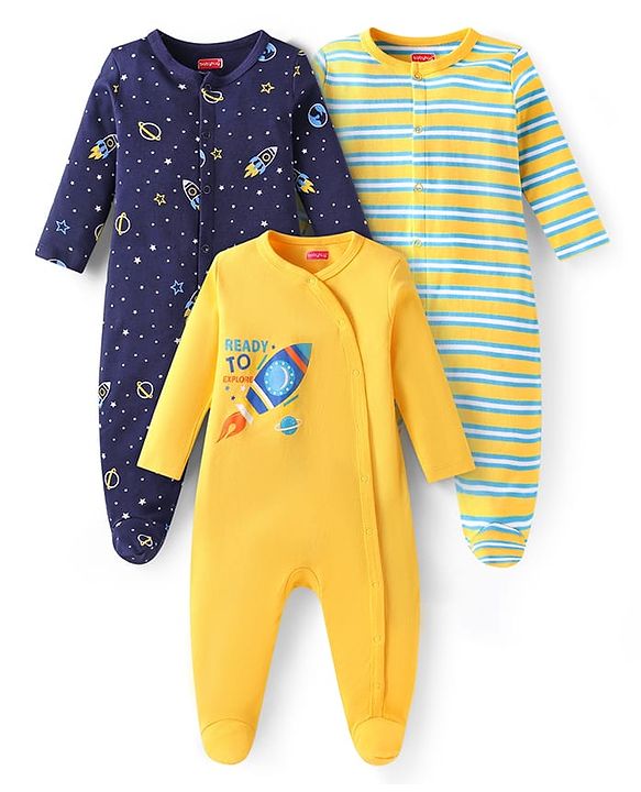 Babyhug Cotton Knit Full Sleeves Sleep Suits With Space Theme Print Pack of 3 - Yellow Navy Blue & Green