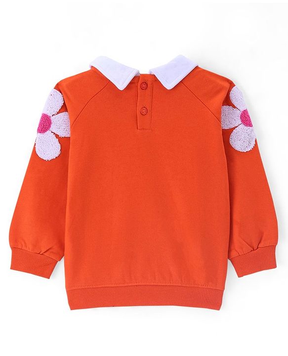 Babyhug Cotton Knit Full Sleeves Floral & Text Printed Collared Sweatshirt with Kangaroo Pockets - Dark Orange
