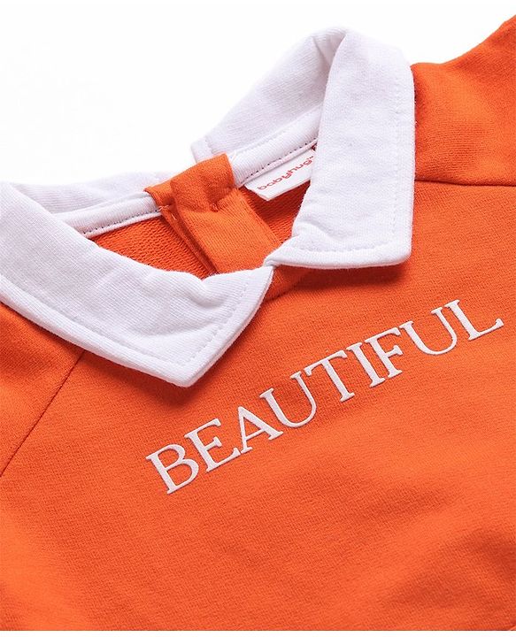Babyhug Cotton Knit Full Sleeves Floral & Text Printed Collared Sweatshirt with Kangaroo Pockets - Dark Orange
