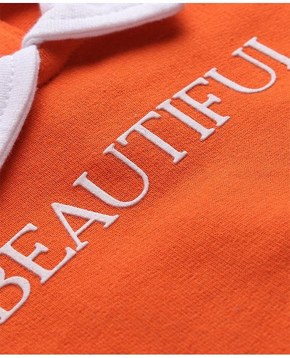 Babyhug Cotton Knit Full Sleeves Floral & Text Printed Collared Sweatshirt with Kangaroo Pockets - Dark Orange