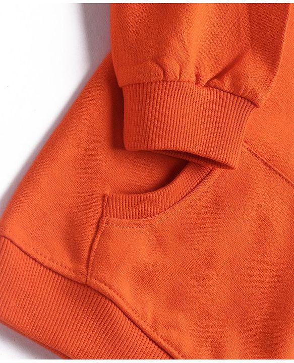 Babyhug Cotton Knit Full Sleeves Floral & Text Printed Collared Sweatshirt with Kangaroo Pockets - Dark Orange