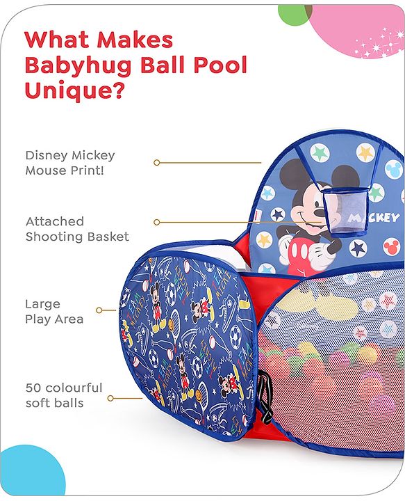 Babyhug Disney Mickey Ball Pool Set With 50 Colourful Balls for Kids |Ball Pit for Kids 2+ Years |Birthday Gift for Kids|BIS Certified