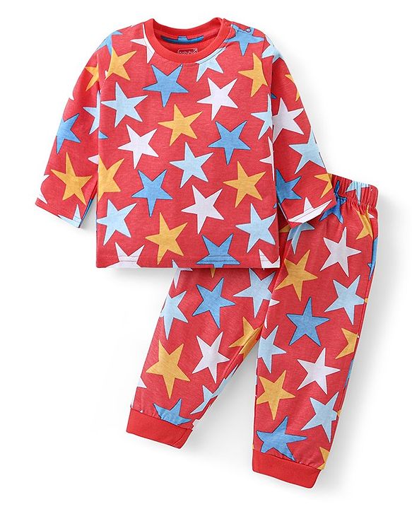 Babyhug Cotton Knit Full Sleeves Night Suit with Star Print - Red
