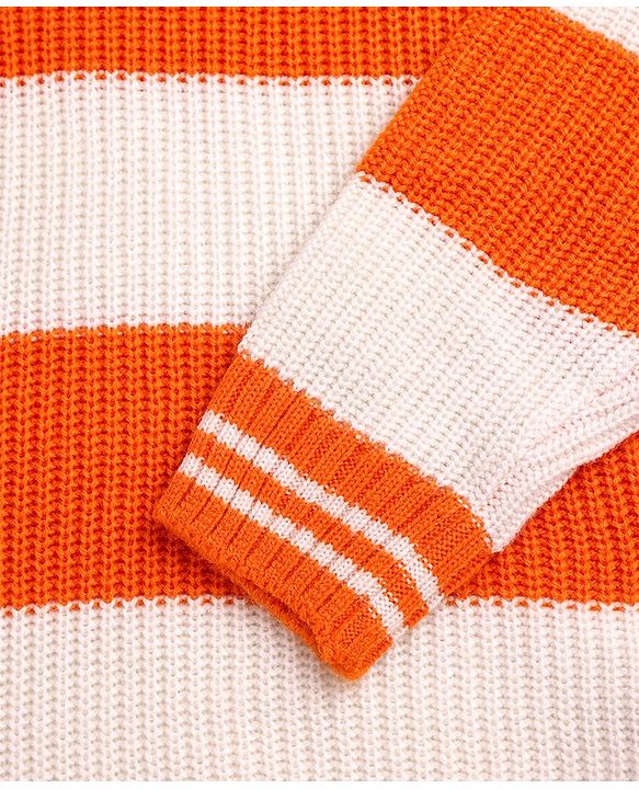 Pine Kids Knitted Full Sleeves Pullover Sweater With Stripes Design - Orange & White