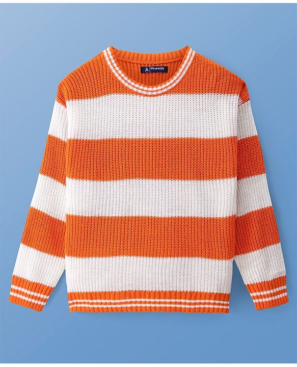 Pine Kids Knitted Full Sleeves Pullover Sweater With Stripes Design - Orange & White