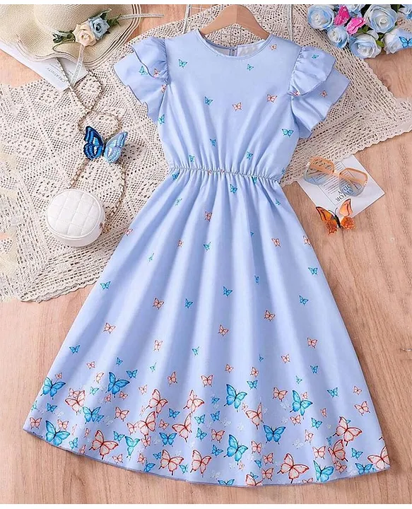 Bolly Lounge Cotton Blend Frill Sleeves Butterfly Printed Dress Purple