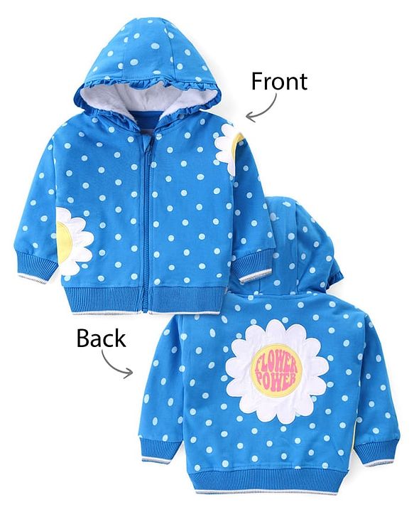 Babyhug Cotton Knit Full Sleeves Front Open Hooded Sweatjacket with Polka Dots Print & Floral Embroidery - Blue