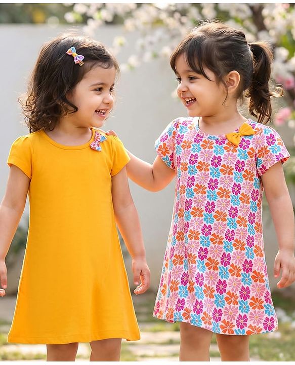 Babyhug Single Jersey Knit Half Sleeves Dresses With Floral Print & Bow Applique Pack of 2 - Yellow & Pink
