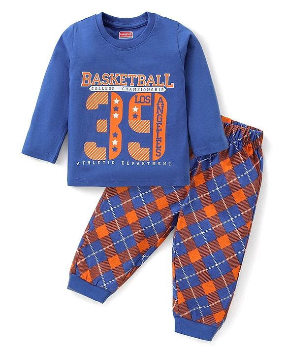 Babyhug Cotton Knit Full Sleeves Night Suit With Varsity Theme Print - Blue