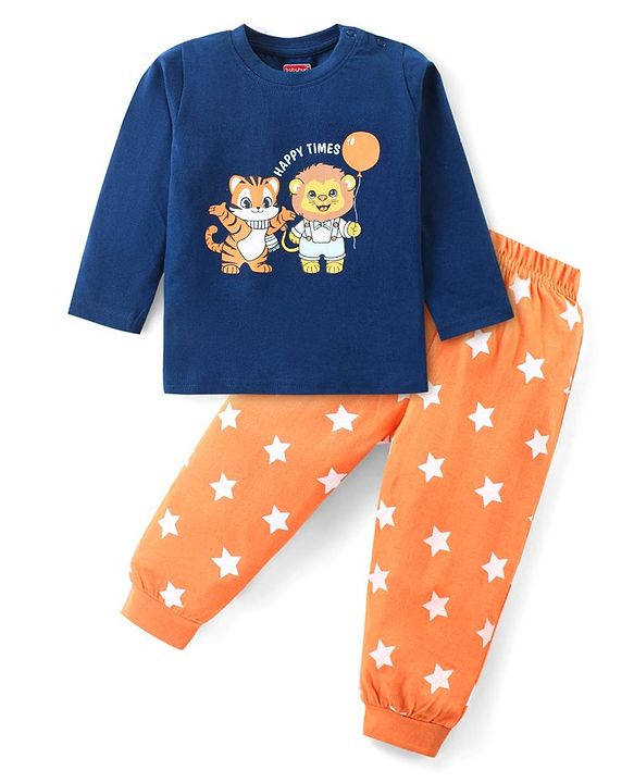Babyhug Cotton Knit Full Sleeves Night Suit With Animals & Stars Print - Blue & Orange