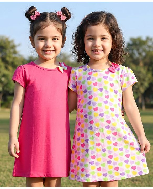 Babyhug Single Jersey Knit Half Sleeves Dresses With Heart Print & Bow Applique Pack of 2 - Dark Pink & White