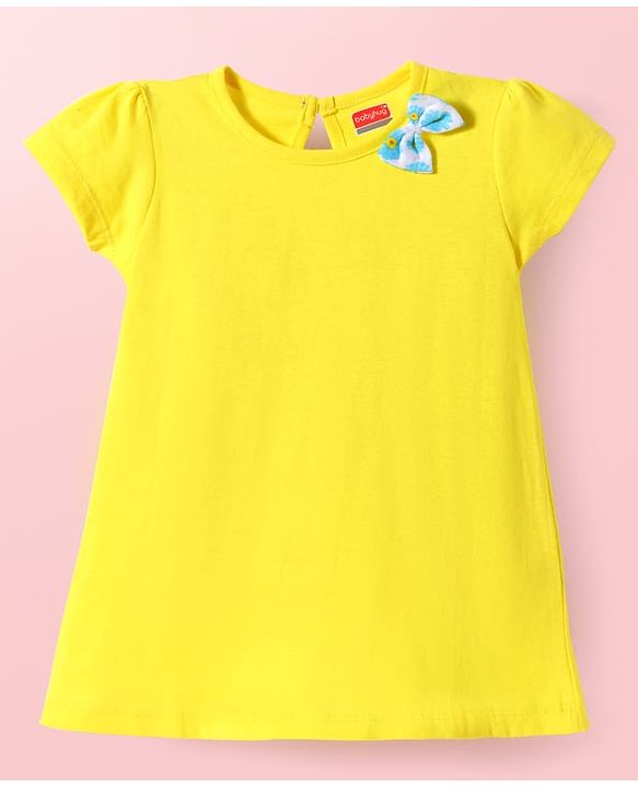 Babyhug Single Jersey Knit Half Sleeves Solid & Floral Printed A Line Frocks with Bow Applique Pack of 2 - Yellow & Light Blue