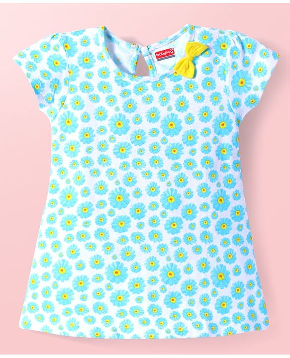 Babyhug Single Jersey Knit Half Sleeves Solid & Floral Printed A Line Frocks with Bow Applique Pack of 2 - Yellow & Light Blue