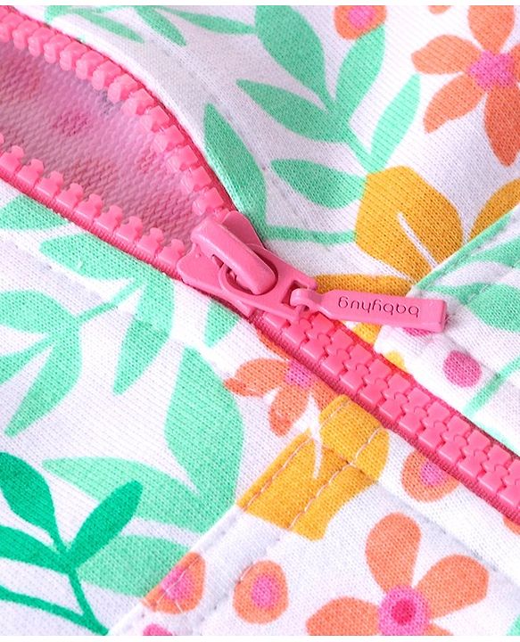Babyhug Cotton Knit Full Sleeves Front Open Hooded Sweatjacket with Floral Print & Kangaroo Pockets - Pink