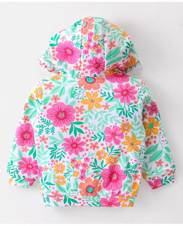 Babyhug Cotton Knit Full Sleeves Front Open Hooded Sweatjacket with Floral Print & Kangaroo Pockets - Pink
