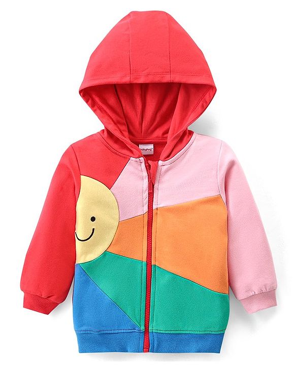 Babyhug Cotton Knit Full Sleeves Hooded Cut & Sew Sweatjacket - Red &  Pink