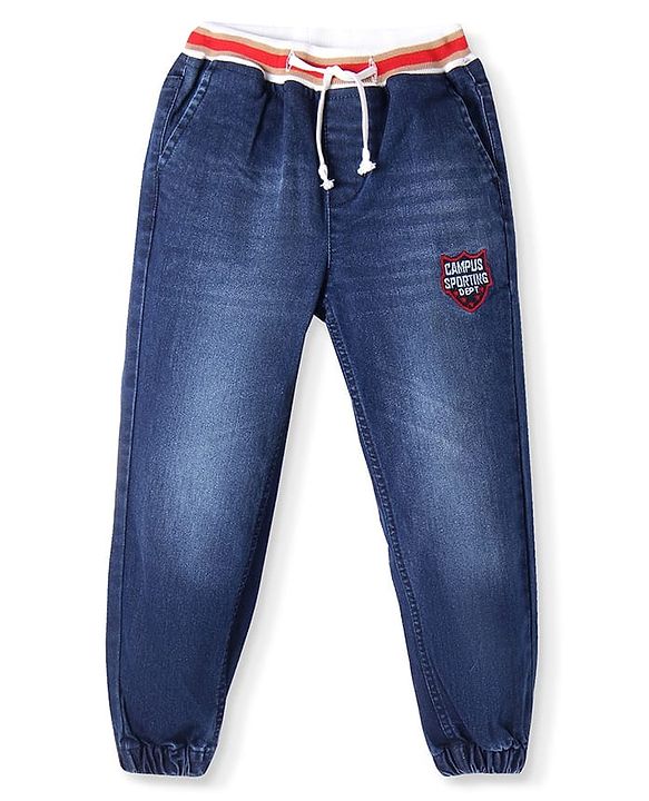 Pine Kids Denim Woven Full Length Washed Jeans With Badge Detailing - Navy