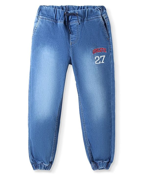 Pine Kids Full Length Washed Denim Jeans with Text Embroidery - Blue