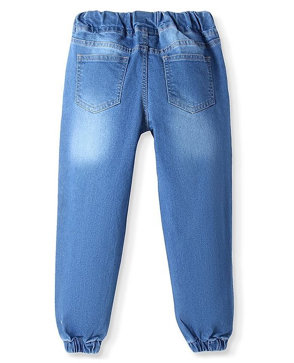 Pine Kids Full Length Washed Denim Jeans with Text Embroidery - Blue