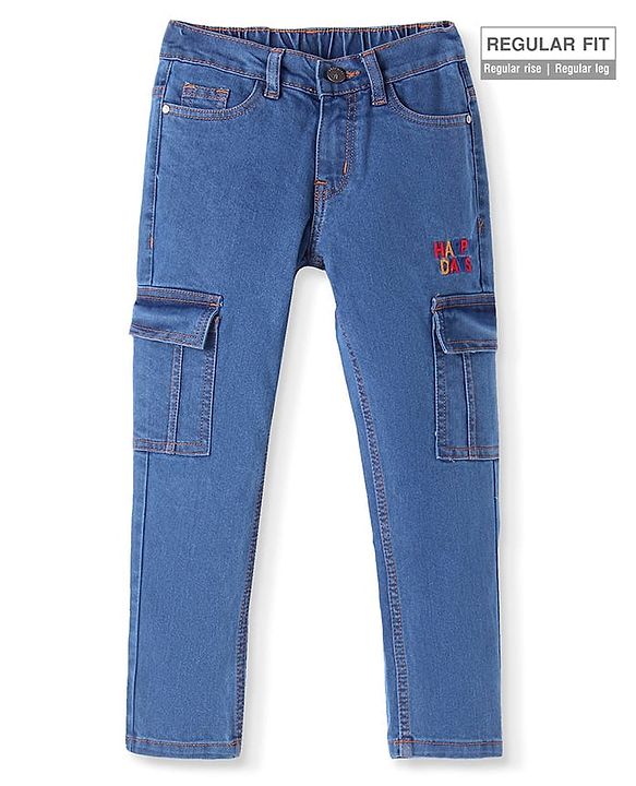 Pine Kids Denim Woven Full Length Washed Jeans With Text Embroidery - Blue