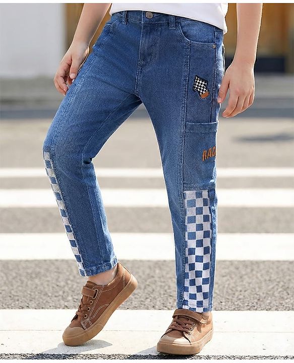 Pine Kids Full Length Washed Denim Jeans with Text Embroidery & Cut & Sew Design - Blue